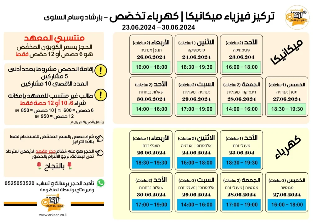 جدول حصص تركيز فيزياء بجروت ميكانيكا وكهرباء، وسام السلوى بمعهد أركان
